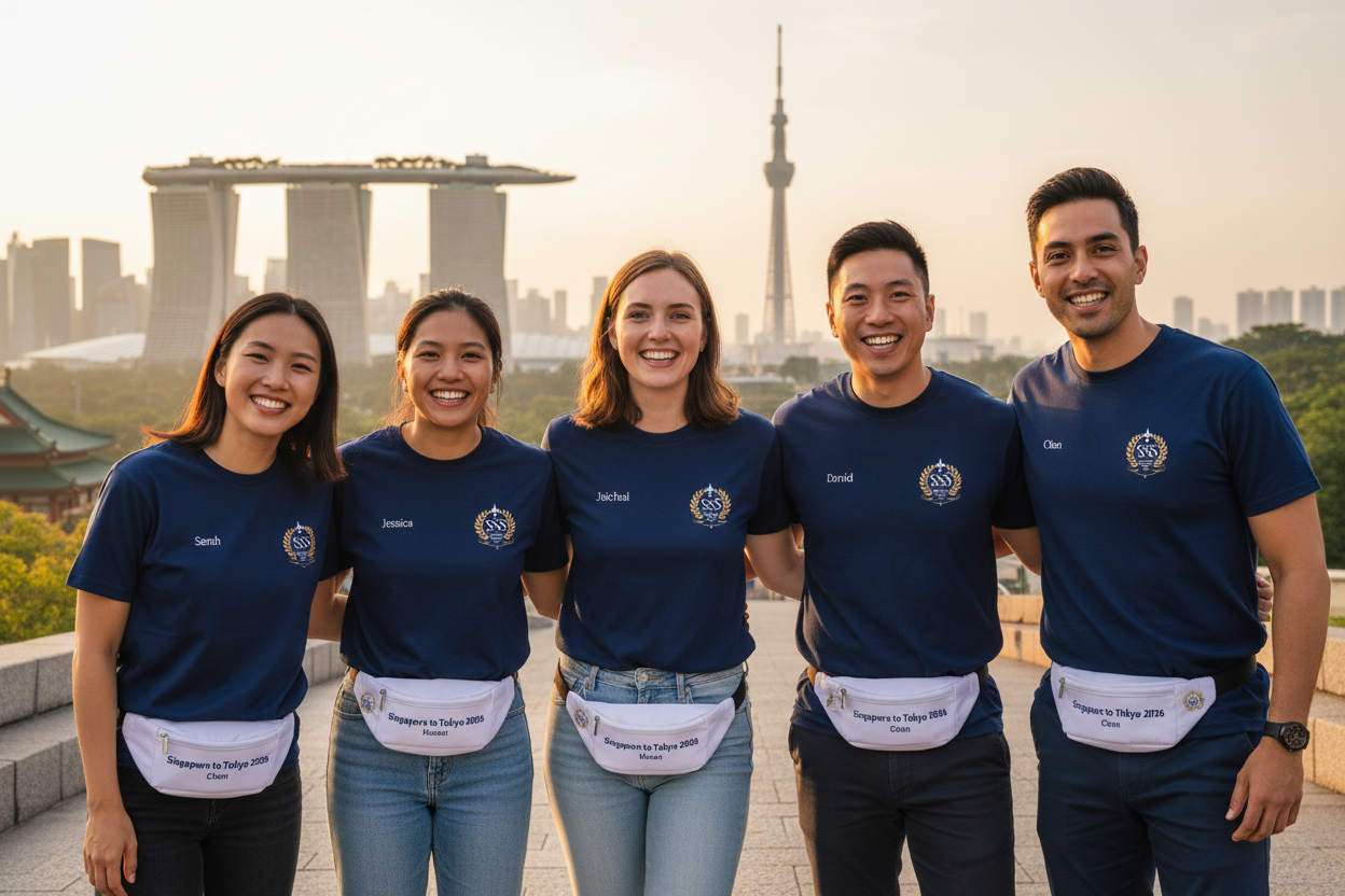 Hero banner with branded t-shirts and fanny packs